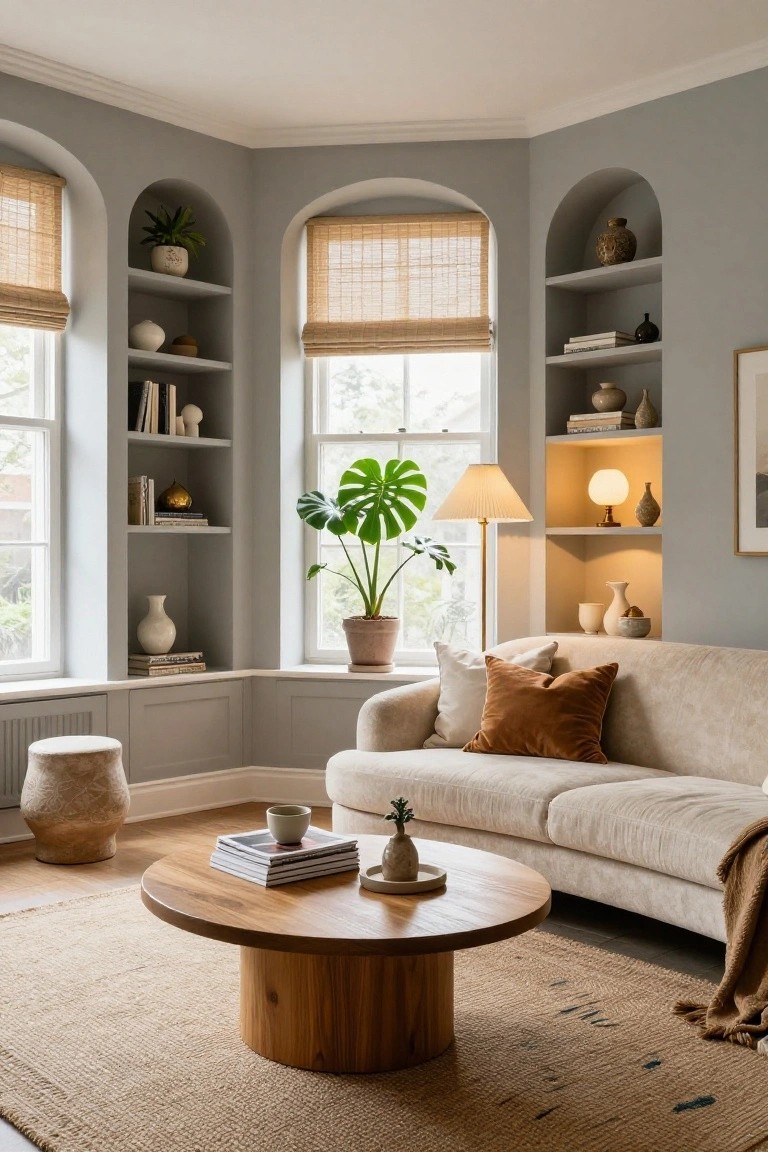 A cozy living room corner with built-in gray shelves in arched niches around two large windows draped in bamboo blinds, displaying books, plants, vases, and ceramics, next to a cream-colored sofa and wooden coffee table on a seagrass rug.
