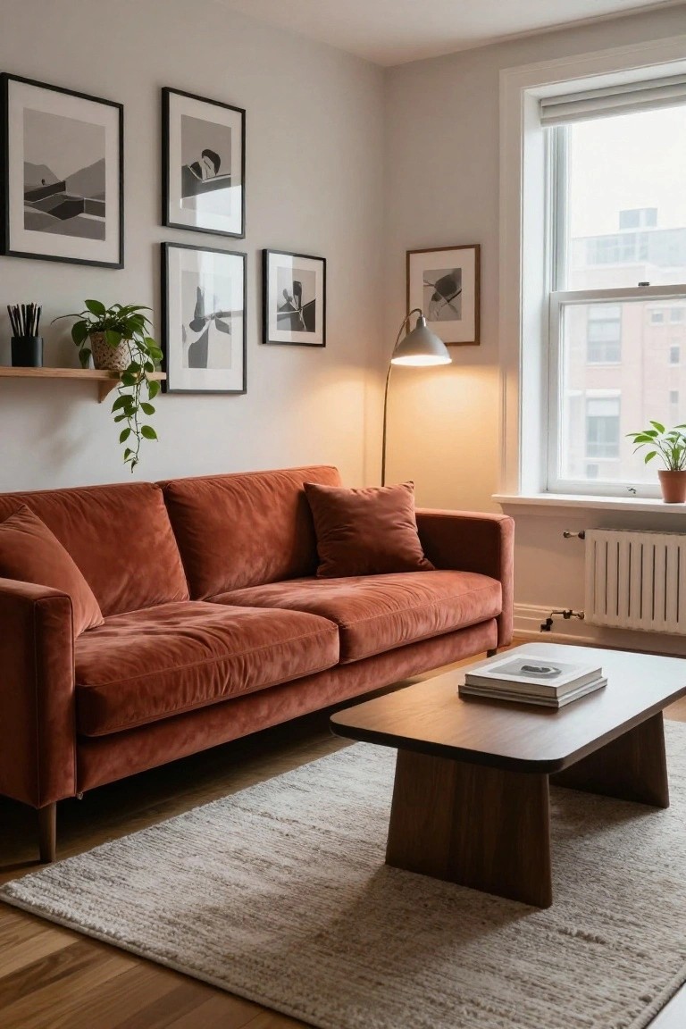 Living room with burnt orange velvet sofa, neutral walls hung with abstract black-and-white art prints, wooden coffee table, potted plants, floor lamp, and window overlooking brick building.