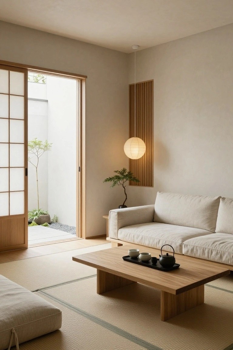 Minimalist living room featuring tatami flooring, low wooden coffee table with black tray holding white teacups and black teapot, beige linen sofa, open shoji sliding doors to small gravel courtyard with potted plants and young tree, paper lantern hanging beside bonsai on wood panel wall.