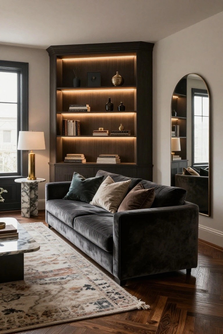 A living room corner with tall dark wood built-in bookshelves illuminated by warm LED strips, filled with books, vases, and decor, next to a gray velvet sofa, marble side table, and large arched mirror.