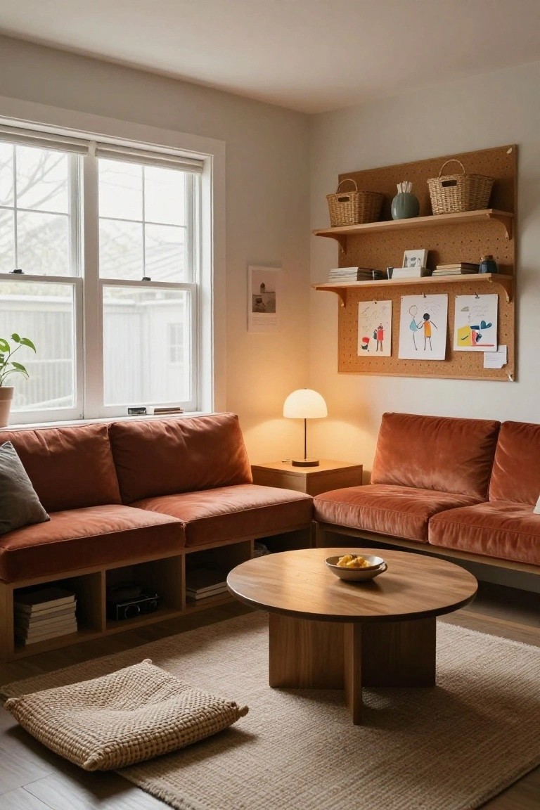 Living room corner with two burnt orange velvet sofas in an L-shape around a round wooden coffee table, built-in storage cubbies under the sofas, a seagrass floor cushion, side table with lamp, corkboard wall with shelves and baskets, large windows, and potted plant.