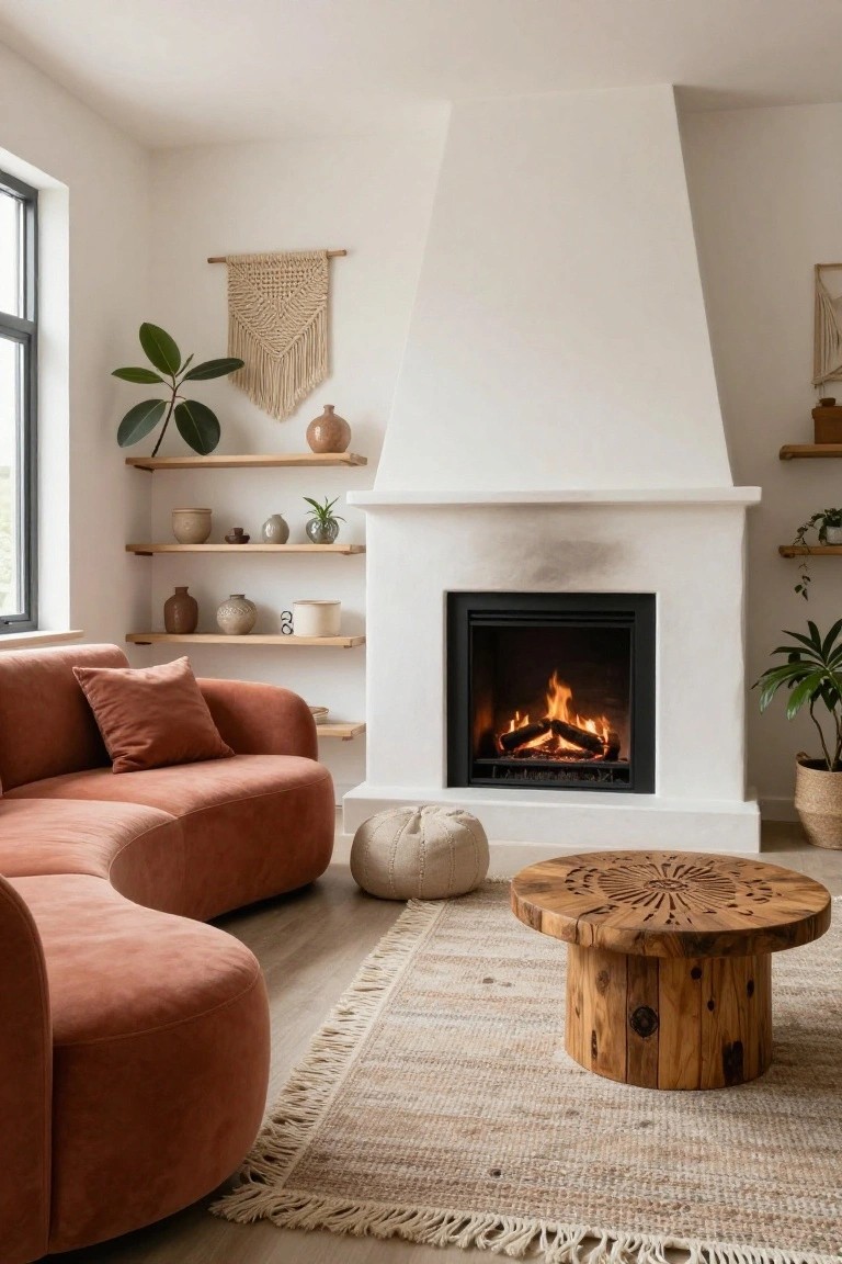 Living room corner with white fireplace burning logs, curved terracotta velvet sofa, carved wooden pedestal coffee table, beige pouf, woven rug, wooden shelves holding pottery and plants, macrame wall hanging, and potted greenery.