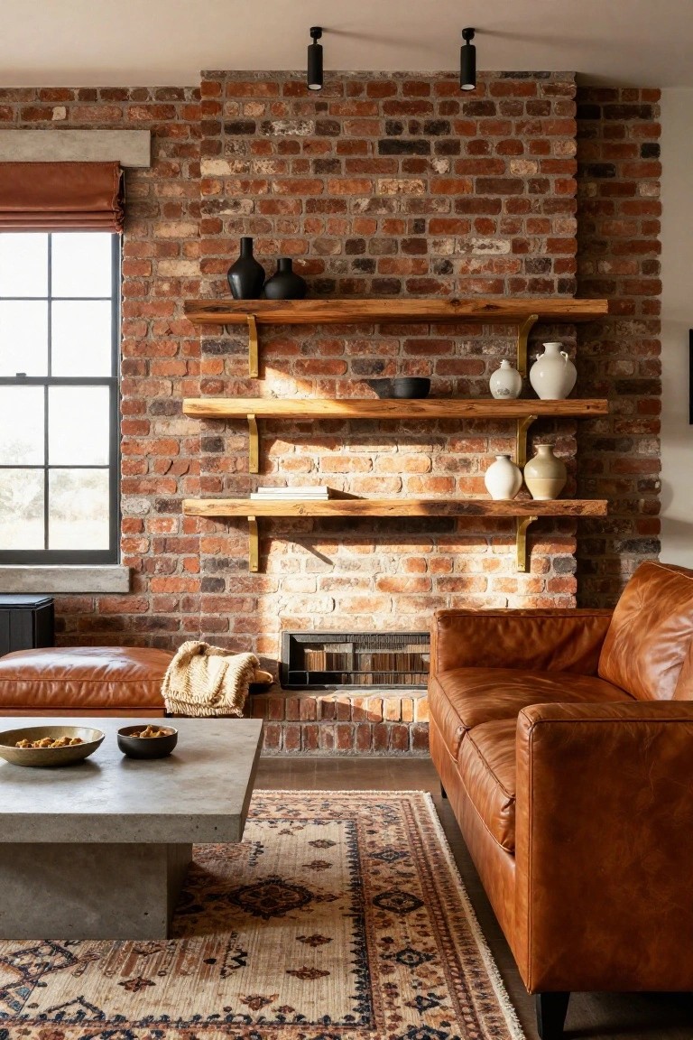 Living room with exposed red brick feature wall and three wooden floating shelves displaying pottery vases and bowls, tan leather sofa and ottoman, concrete coffee table with small bowls, woven rug, and window with roman shade.
