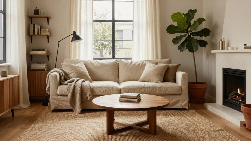 A light beige slipcovered sofa with pillows and a throw blanket in a bright living room featuring a wooden coffee table, large potted fiddle leaf fig plant, bookshelves, and a large window with sheer curtains.