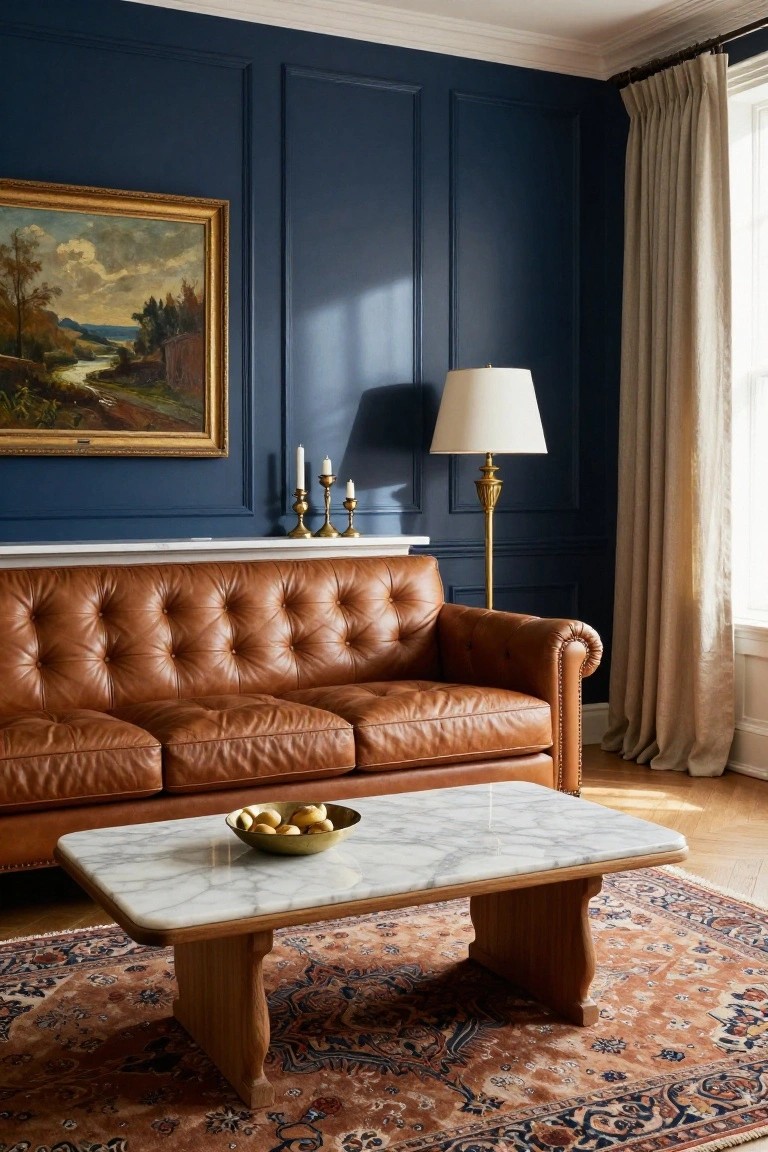 Living room interior with navy blue paneled walls, tan tufted leather sofa, marble-top wood coffee table holding a brass bowl of fruit, brass floor lamp and candelabras on mantel, gold-framed landscape painting, linen curtains at window, and orange patterned rug on wood floor.