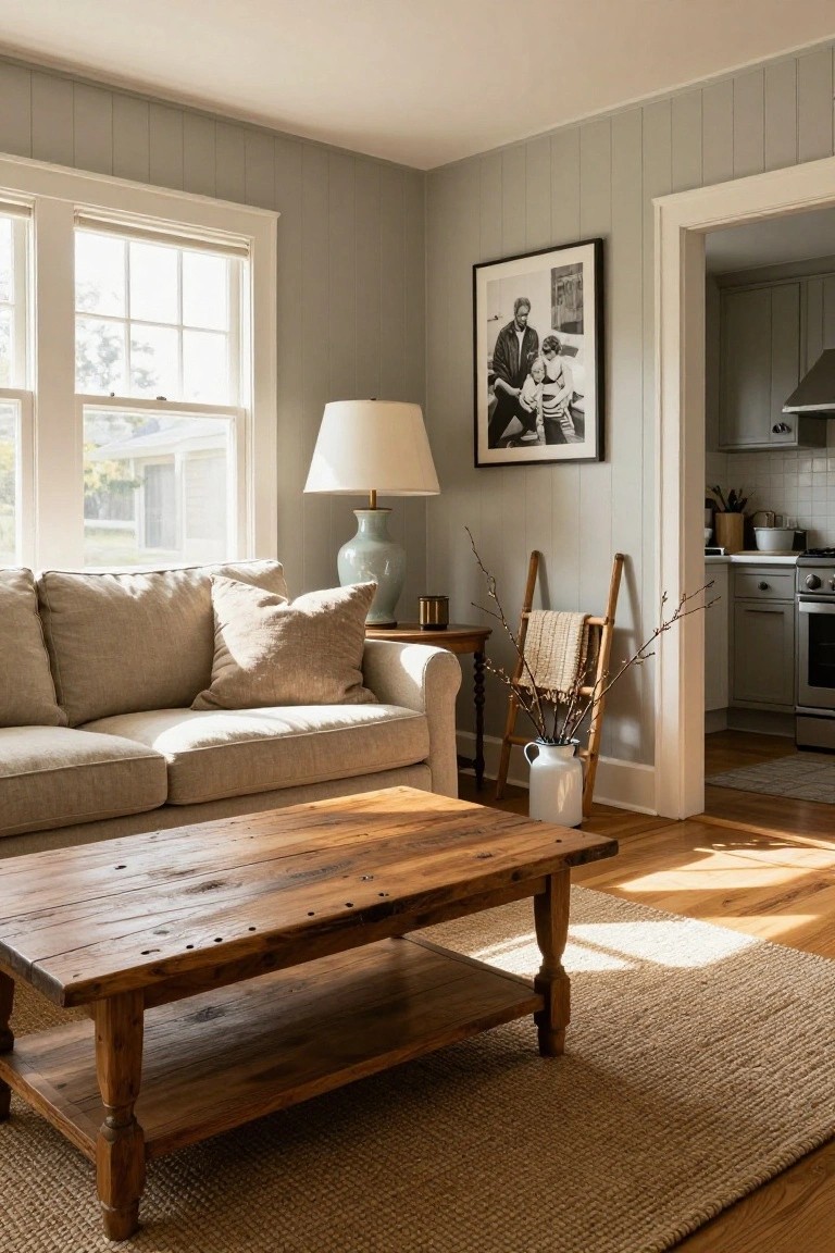 Living room with pale gray shiplap walls, double-hung windows, beige sofa, rustic wood coffee table with lower shelf, table lamp on side table, wooden ladder holding branches and towel near open doorway to kitchen.