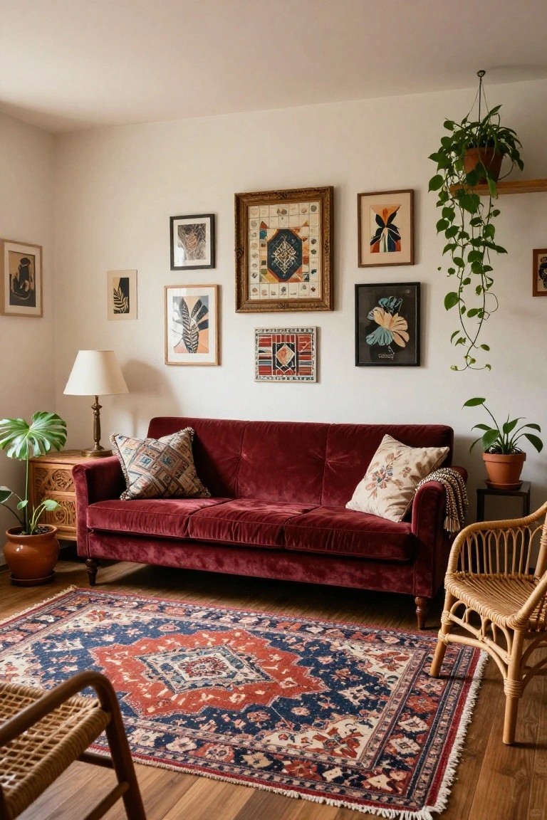 A cozy living room with a deep red velvet sofa on a patterned rug, flanked by a carved wood side table with lamp and plants, rattan chairs, eclectic framed artwork on white walls, and hanging vines.
