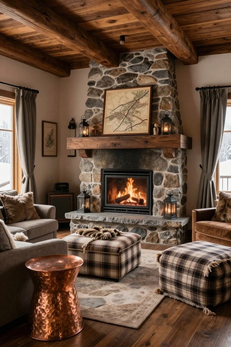 Cozy living room with exposed wooden ceiling beams, large corner stone fireplace with wooden mantel and burning fire, gray sofas with fur pillows, plaid ottomans, copper stool, lanterns, and curtained windows showing snowy outdoors.