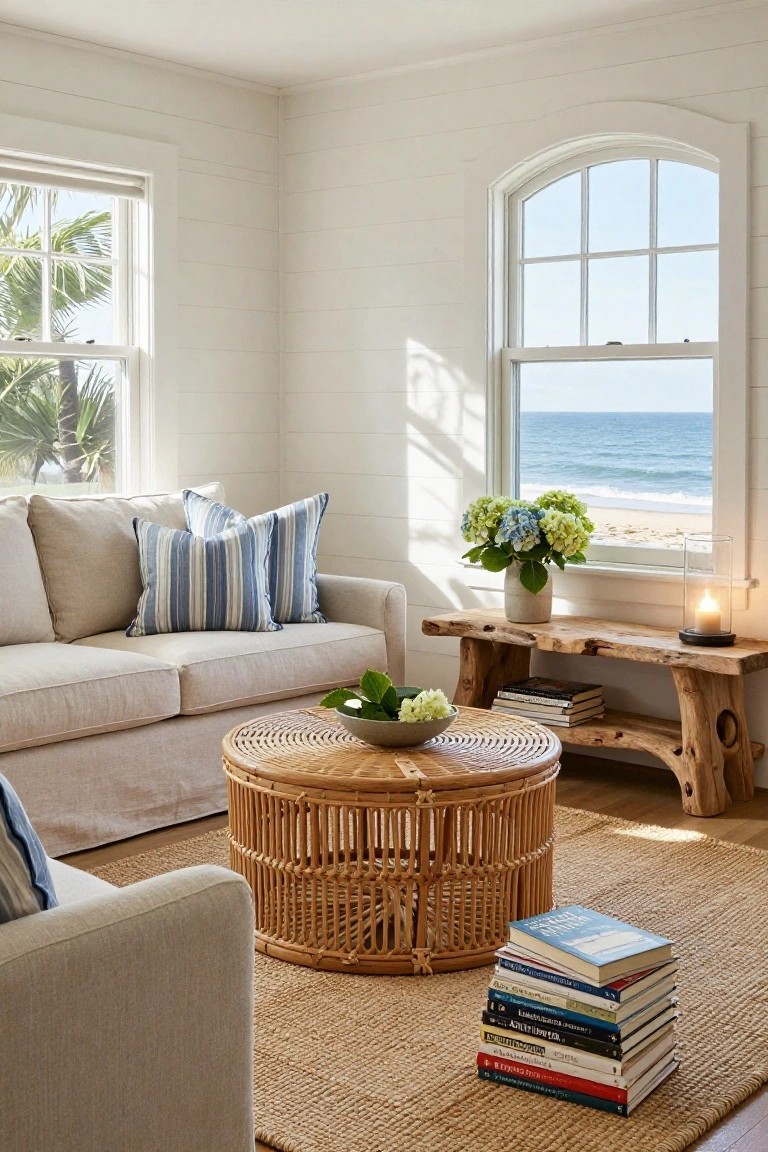 Cozy living room corner featuring a light beige linen sofa with blue striped pillows, round rattan coffee table, live-edge wood console with books flowers and candle, white shiplap walls, and large arched windows overlooking palm trees ocean and beach.