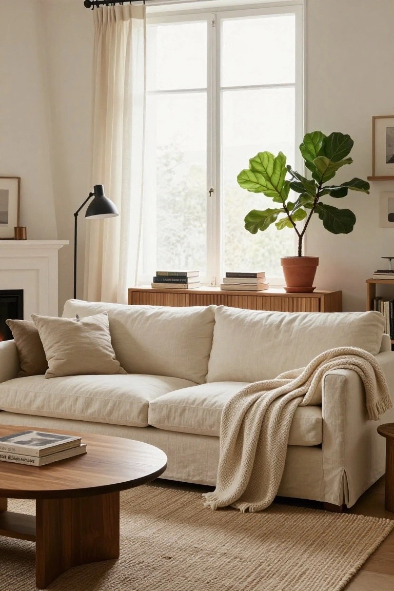 A light beige slipcovered sofa with pillows and a throw blanket in a bright living room featuring a wooden coffee table, large potted fiddle leaf fig plant, bookshelves, and a large window with sheer curtains.