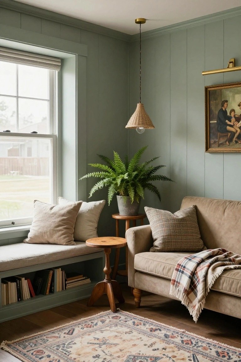 Living room corner with sage green vertical paneled walls, beige sofa with plaid throw and pillows, window bench with books underneath, potted fern on wooden table, rattan pendant light, gold-framed painting, and patterned rug on wood floor.