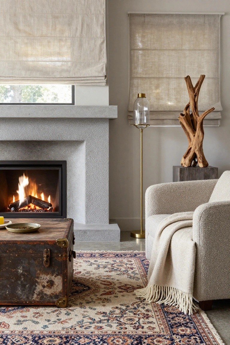 Cozy living room with lit stone fireplace, beige bouclé armchair with white fringed throw, rustic brass-bound wooden trunk coffee table topped with small dish, Persian-style rug, gold floor lamp beside wooden driftwood sculpture, and linen roman shades on window.