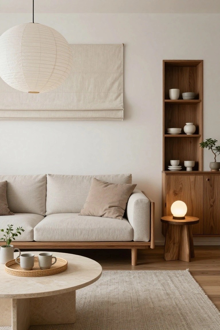 A minimalist living room featuring a light beige linen sofa with wooden frame and legs, a round travertine coffee table holding a tray with ceramic mugs, a wooden tripod side table with globe lamp next to it, built-in wooden shelves displaying white ceramics and plants, a large white paper lantern pendant light, beige linen curtain, and light wood flooring.