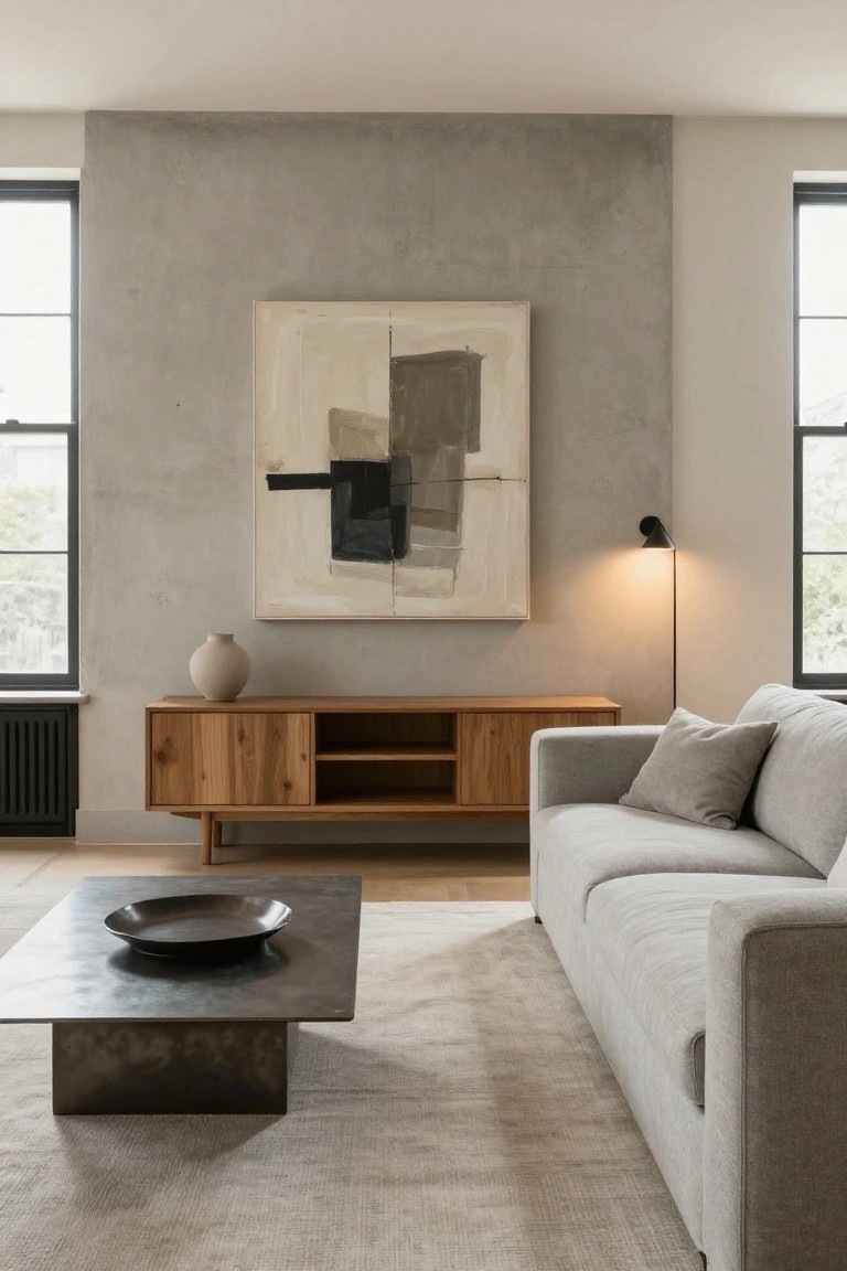 Minimalist living room with gray textured wall, large abstract painting in white frame, beige ceramic vase on wooden credenza with open shelves, gray fabric sofa, black metal coffee table holding black dish, beige rug, and wall-mounted black lamp.