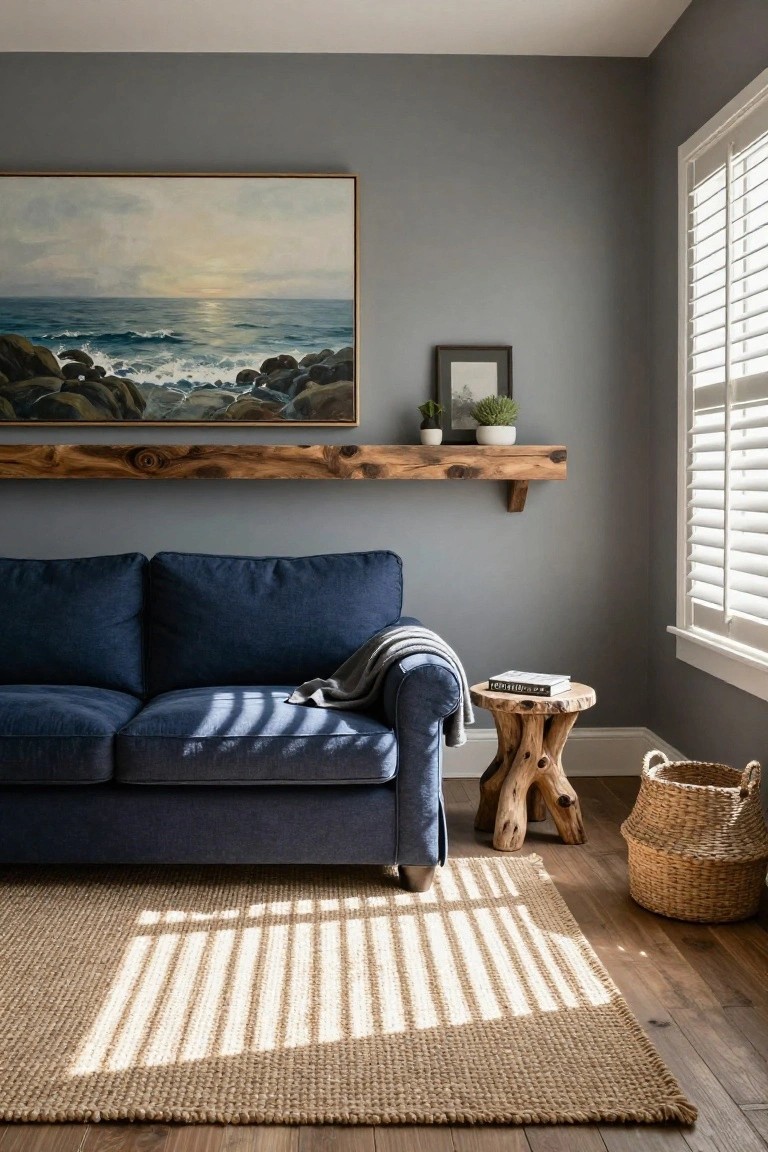 A living room with gray walls, a large wooden floating shelf displaying plants and frames above a navy blue sofa, a stump side table, seagrass rug, and blinds letting in striped sunlight.