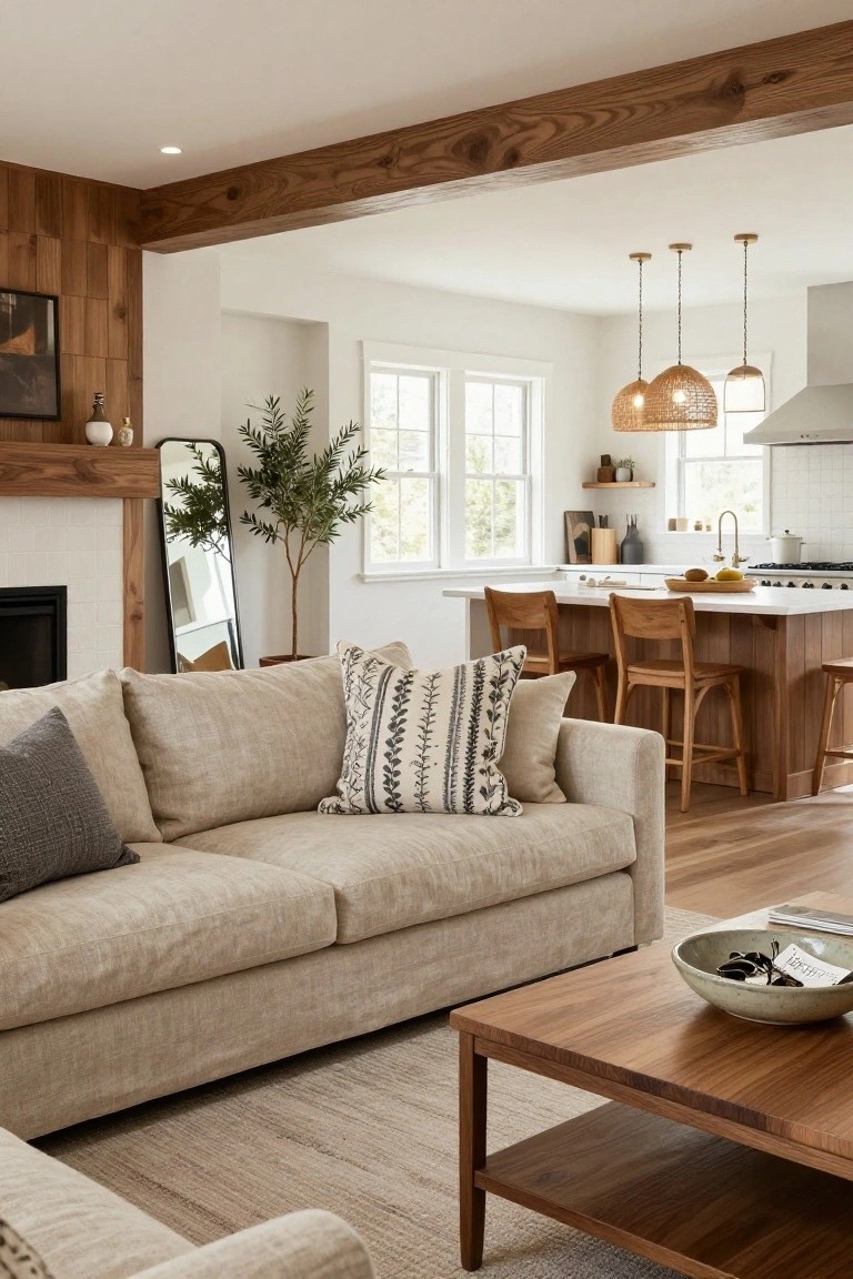 A living room with a beige linen sofa, wooden coffee table, exposed wooden ceiling beams, wood-paneled accent wall with fireplace and mirror, potted plant, and open view to a kitchen with wood cabinets and bar stools.