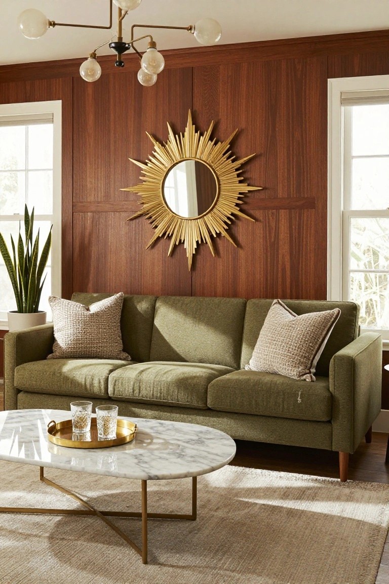 A living room with walnut wood-paneled walls, olive green three-seat sofa with textured pillows, white marble oval coffee table on brass legs, large gold sunburst mirror, potted snake plant, and sputnik chandelier.