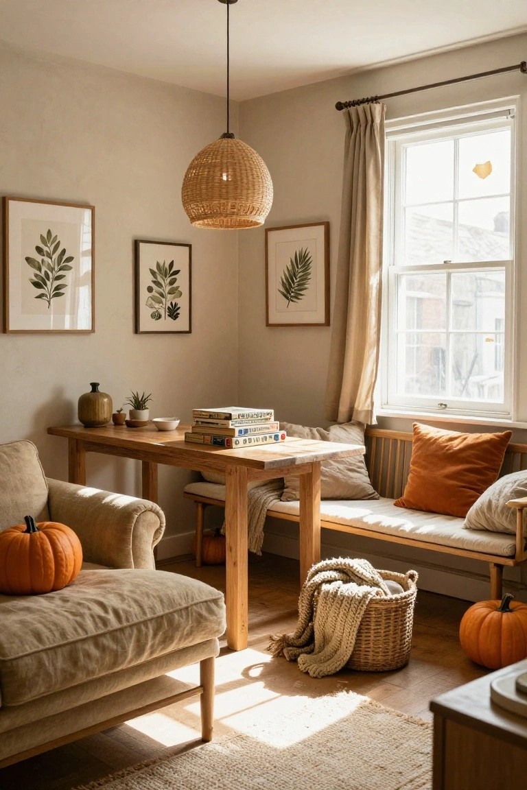 Light-filled living room corner with wooden table and bench, beige armchair, orange cushions and pumpkins, potted plants, books, and framed botanical prints next to a curtained window.