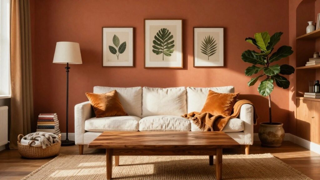 Living room with terracotta walls, white linen sofa topped with orange velvet pillows, wooden coffee table holding stacked books and a ceramic bowl, floating bookshelves with books and botanical prints, tall floor lamp, large ficus plant in ceramic pot, seagrass rug, and orange curtains on window.
