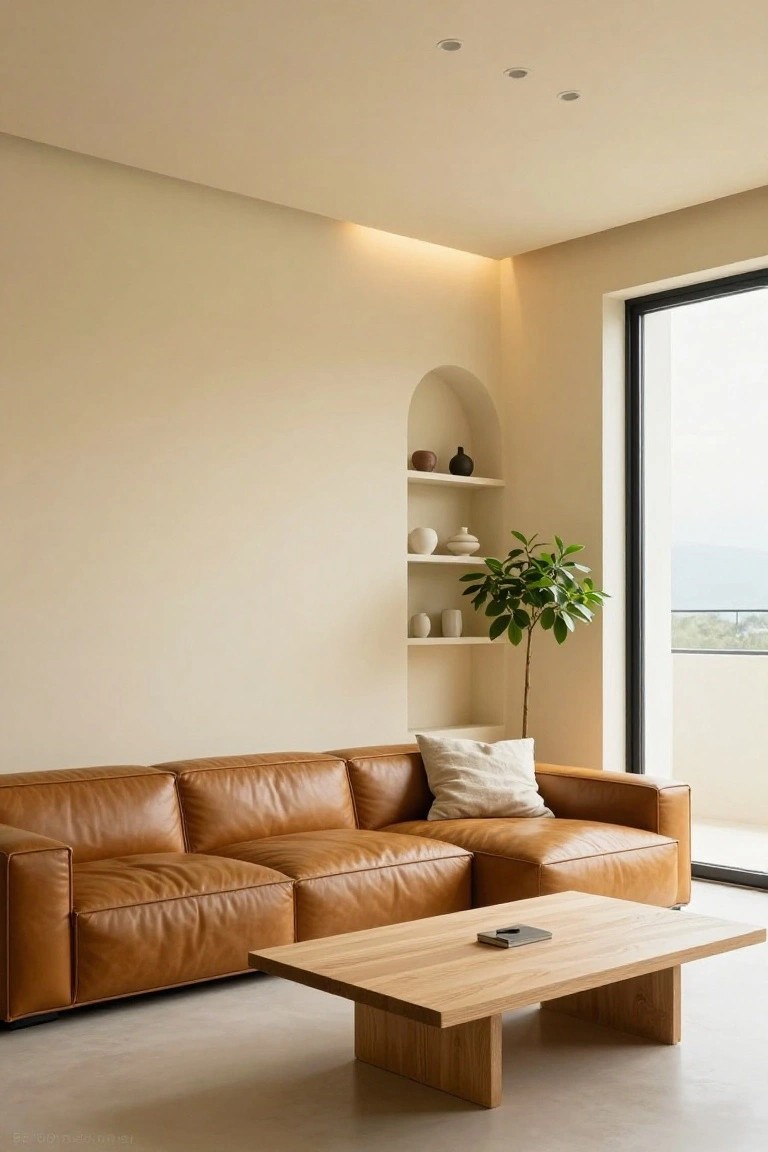 A living room featuring a tan leather L-shaped sectional sofa, light oak coffee table with a small notebook on it, beige walls with an arched niche shelf holding white and brown ceramics and a potted plant, recessed ceiling lights, and a large black-framed window showing a mountain view.