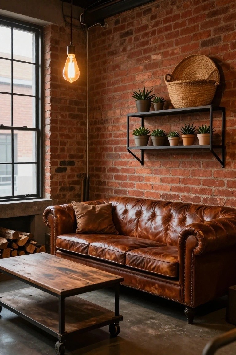 Living room interior with exposed red brick walls, black metal shelves holding potted succulents and a woven basket, brown tufted leather sofa, rustic wood-top coffee table on black metal frame with wheels, stack of firewood, and hanging Edison bulb near a large window.
