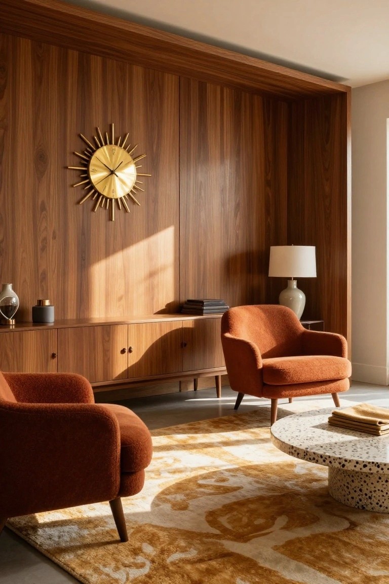 Wood-paneled wall in a living room with gold sunburst clock, credenza holding lamp and vase, two orange upholstered armchairs, white terrazzo coffee table, and yellow-toned rug on wood floor.