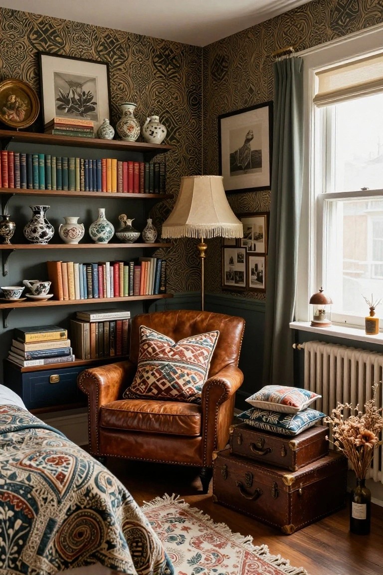 Bedroom corner featuring dark wood bookshelves filled with books, ceramics, and vases surrounding a brown leather armchair with patterned pillows, next to a bed with a patterned coverlet against ornate wallpaper.