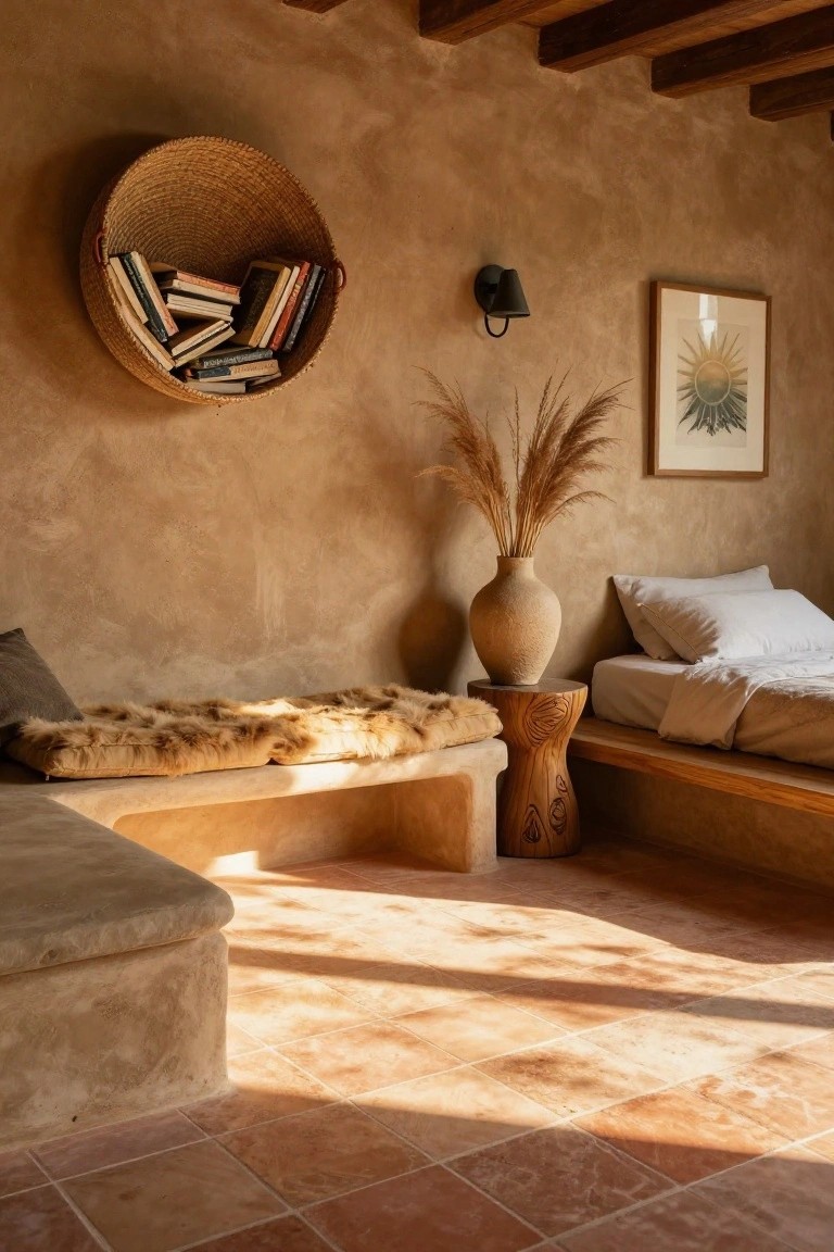 Bedroom corner with built-in bench topped by fur throw and pillow, woven wall basket of books, pampas grass in terracotta vase on carved stool, bed platform, clay walls, wood beams, and terracotta tile floor.