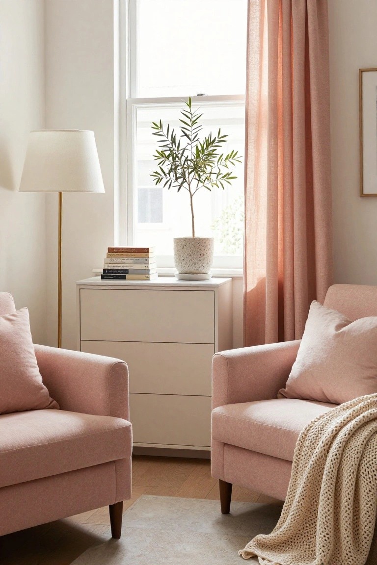 Two pink upholstered armchairs facing each other on a light rug next to a white dresser with stacked books, a floor lamp, and an olive tree in a white pot by a window with peach curtains in a light room with wood floors.