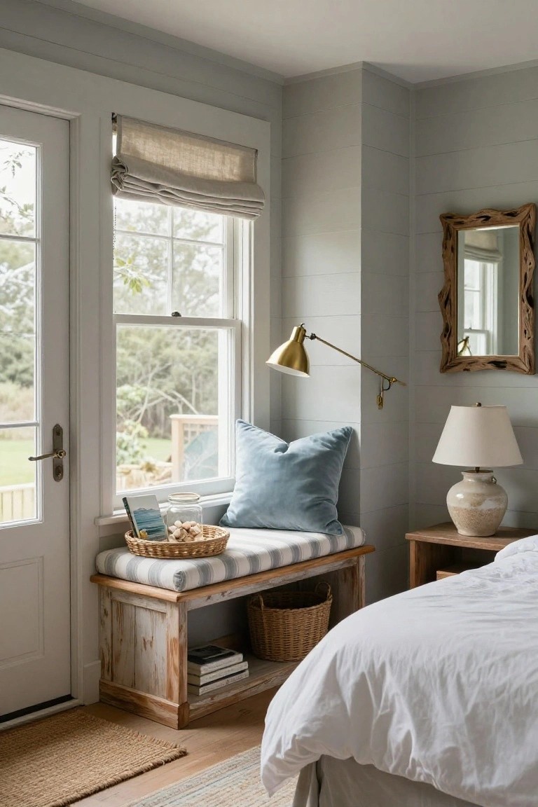 Gray shiplap bedroom corner with wooden window bench holding striped blue cushion, turquoise pillow, open book, basket of books, and jars, beside white bed and door to garden view.