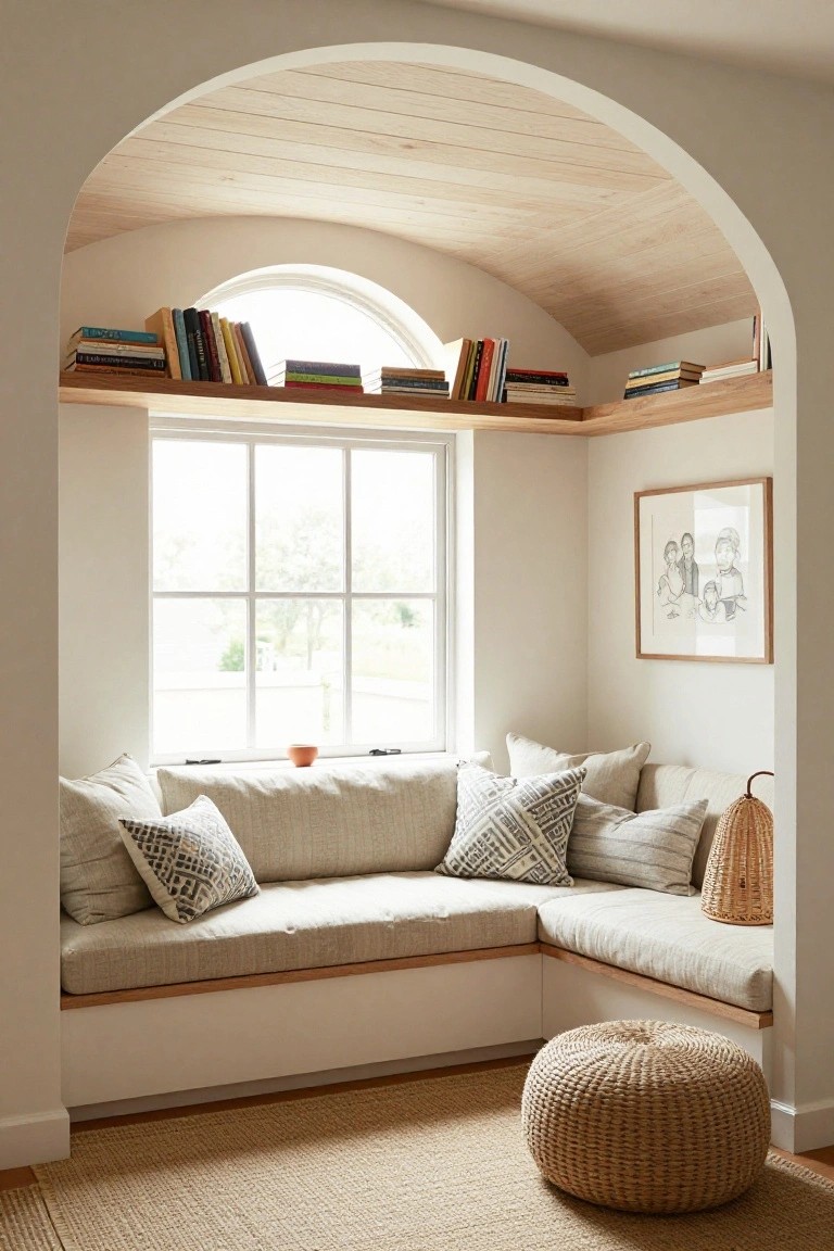 Arched white interior alcove with wooden bookshelves above a large multipane window, built-in linen bench seat with pillows, small terracotta cup on windowsill, framed drawing on wall, seagrass pouf, and jute rug on wood floor.