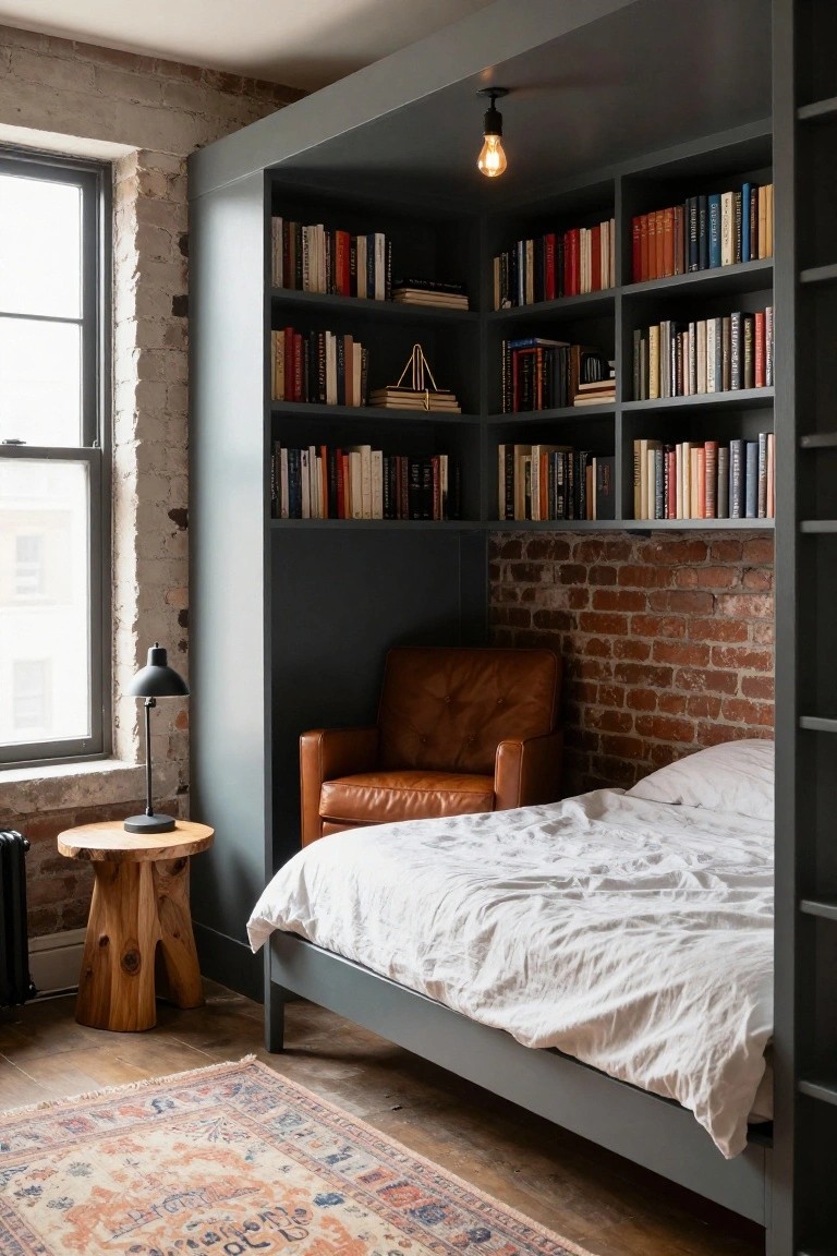 Gray built-in bookshelves surround a bed in a brick-walled bedroom nook, with a leather armchair, wood side table, lamp, and pendant light overhead.