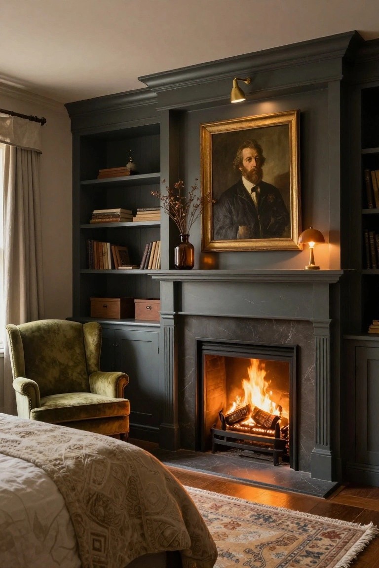 Bedroom with dark built-in bookshelves flanking a lit fireplace mantel, green velvet armchair nearby, bed with patterned bedding, and portrait painting above the fireplace.