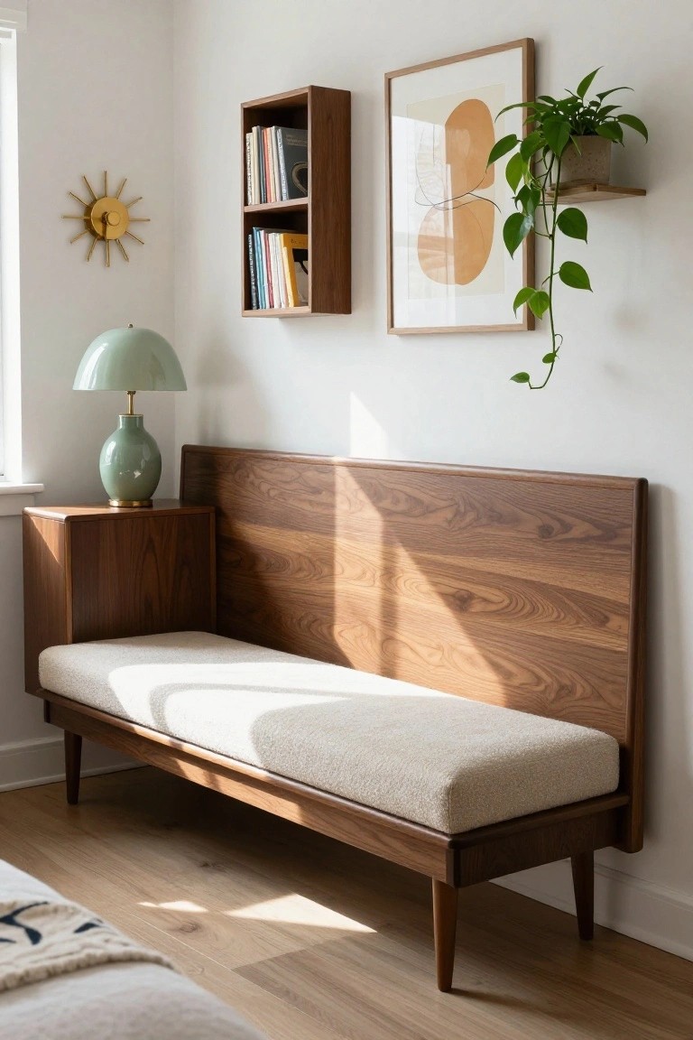 Bedroom corner with wooden built-in bench on cream cushion, flanked by walnut shelves holding books, green lamp on matching side table, gold sunburst wall clock, abstract art, and hanging plant near window.