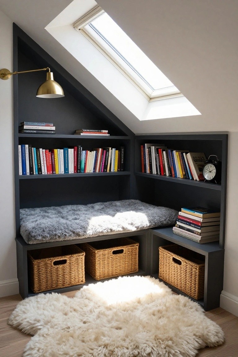 Dark wood built-in corner bookshelves with a cushioned bench seat under a sloped ceiling and skylight, including stacked books, wicker baskets, a clock, and a white shag rug on a wood floor.