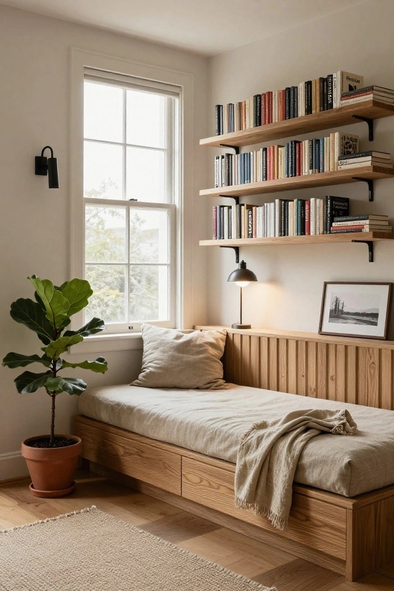 A cozy bedroom corner with a low wooden built-in daybed featuring paneled sides and under-bed drawers, topped with beige linen bedding and a throw blanket, oak bookshelves filled with books above it, a large ficus plant in a terracotta pot, and a window with natural light.