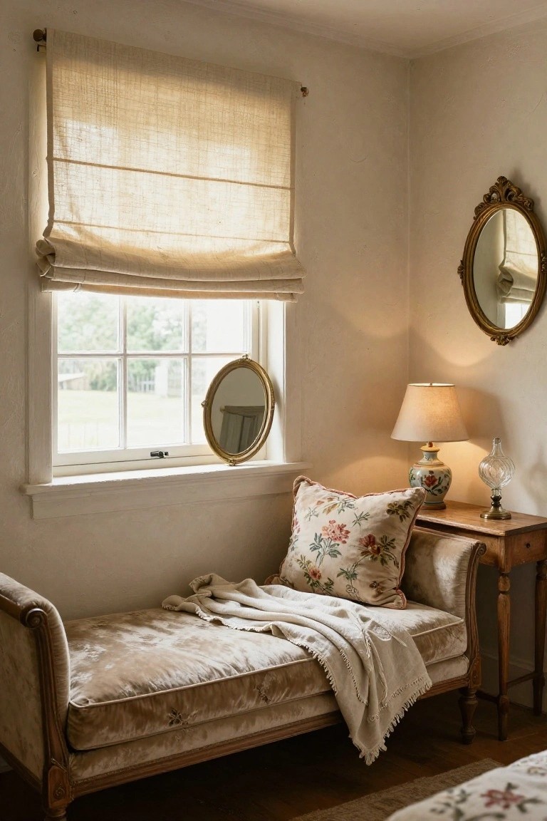 Beige velvet chaise lounge positioned by a large window in a light bedroom corner, with a linen throw blanket, floral pillow, table lamp, porcelain vase, and round mirrors nearby.
