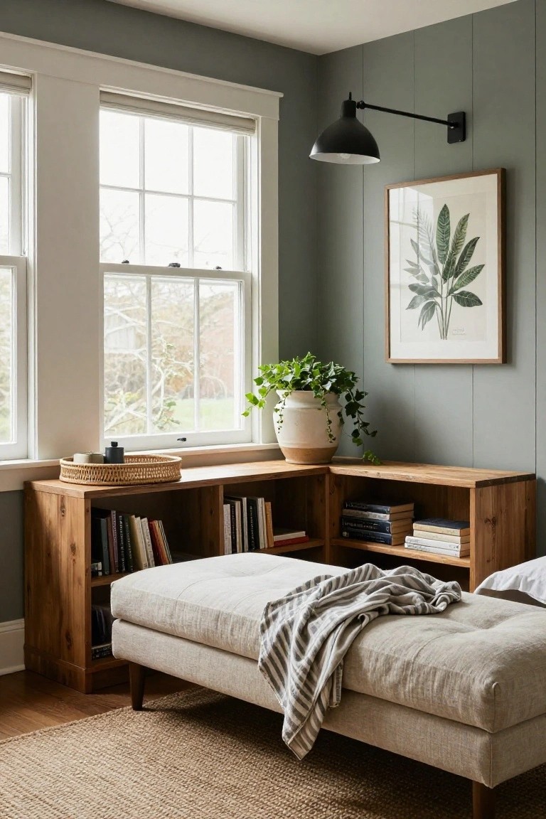 Bedroom corner with L-shaped wooden bookshelves filled with books, a beige tufted daybed with gray and white striped throw, white terracotta pot of ivy, leaf artwork on gray paneled wall, and windows overlooking yard.