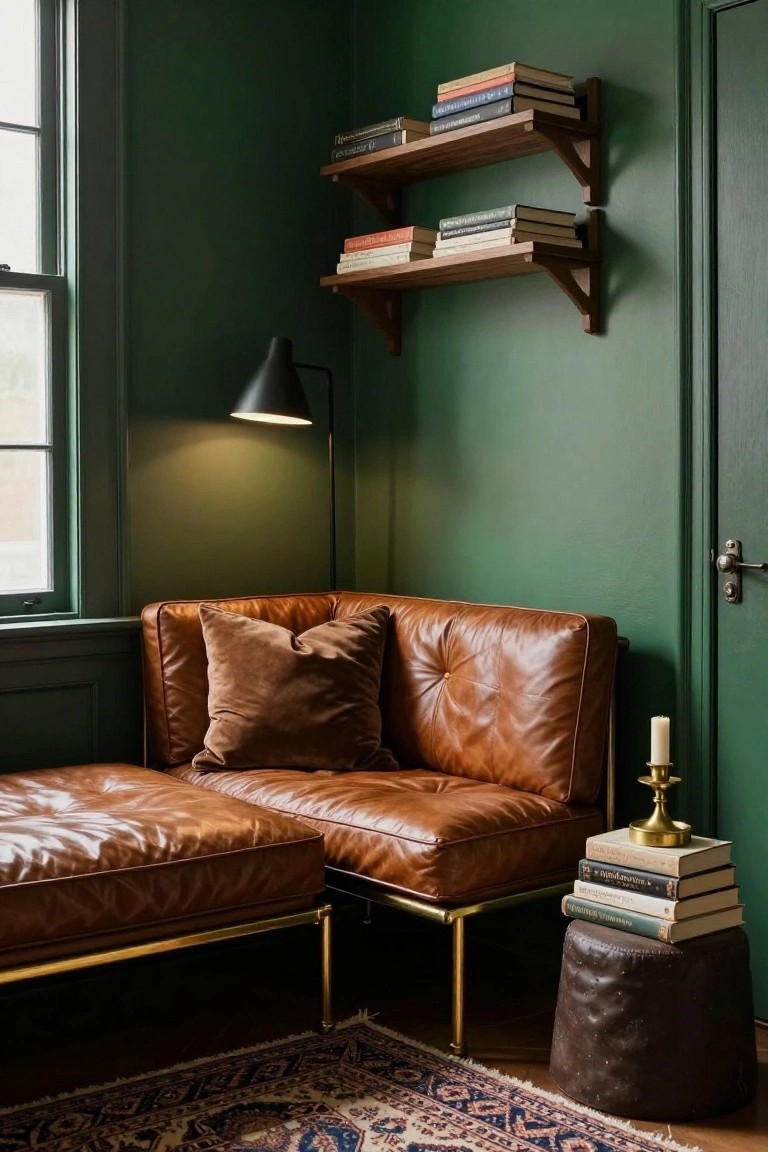 Corner of a green-painted room with brown tufted leather L-shaped sofa and chaise on gold metal legs, floating wooden bookshelves with books above, black floor lamp lit, gold candlestick on stool with stacked books, and patterned rug on wood floor.