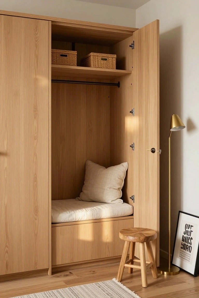 Open wooden wardrobe with built-in lower bench topped by white cushion and pillow, upper shelves holding two wicker baskets, metal clothing rod inside, small wooden stool positioned outside, gold floor lamp, and black framed poster leaning against the wall on light wood floor with rug.