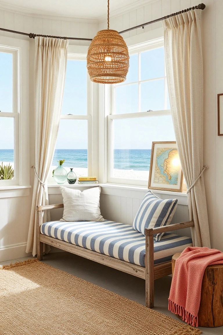Corner indoor nook with wooden daybed upholstered in white and blue-striped fabric, flanked by white pillows, large open windows with beige curtains overlooking ocean, rattan pendant light, glass vases on sill, and beige rug on floor.