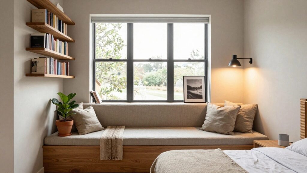 A cozy bedroom corner with a low wooden built-in daybed featuring paneled sides and under-bed drawers, topped with beige linen bedding and a throw blanket, oak bookshelves filled with books above it, a large ficus plant in a terracotta pot, and a window with natural light.