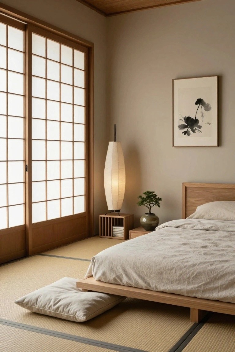 Minimalist Japanese-style bedroom interior with tatami mat flooring, low oak platform bed with white linen bedding and floor pillow, shoji sliding doors, tall beige floor lamp, wooden nightstand holding bonsai plant and books, and ink painting of lotus flower on beige wall.