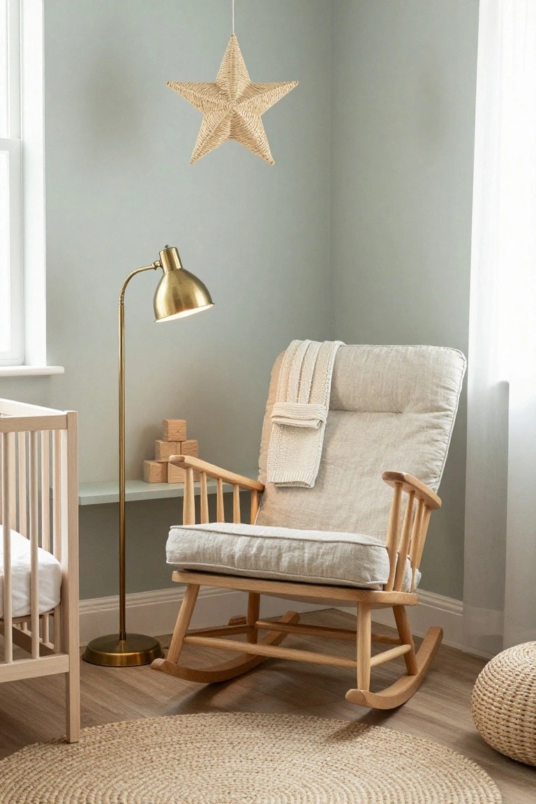 Nursery corner with a light wood rocking chair draped in a cream throw, brass arched floor lamp, wooden crib, shelf of blocks, hanging woven star, seagrass pouf, and jute rug on light wood floor against pale green walls.