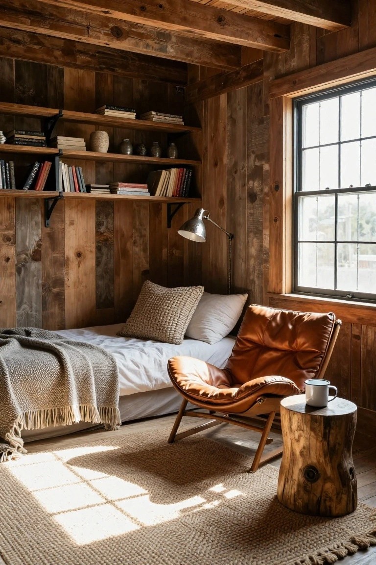 Small bedroom with dark wood paneled walls and ceiling beams, low white bed with gray throw and pillows, orange leather armchair next to tree stump side table holding a white mug, wooden bookshelves with books and ceramics, arched lamp, seagrass rug, and large window with sunlight.