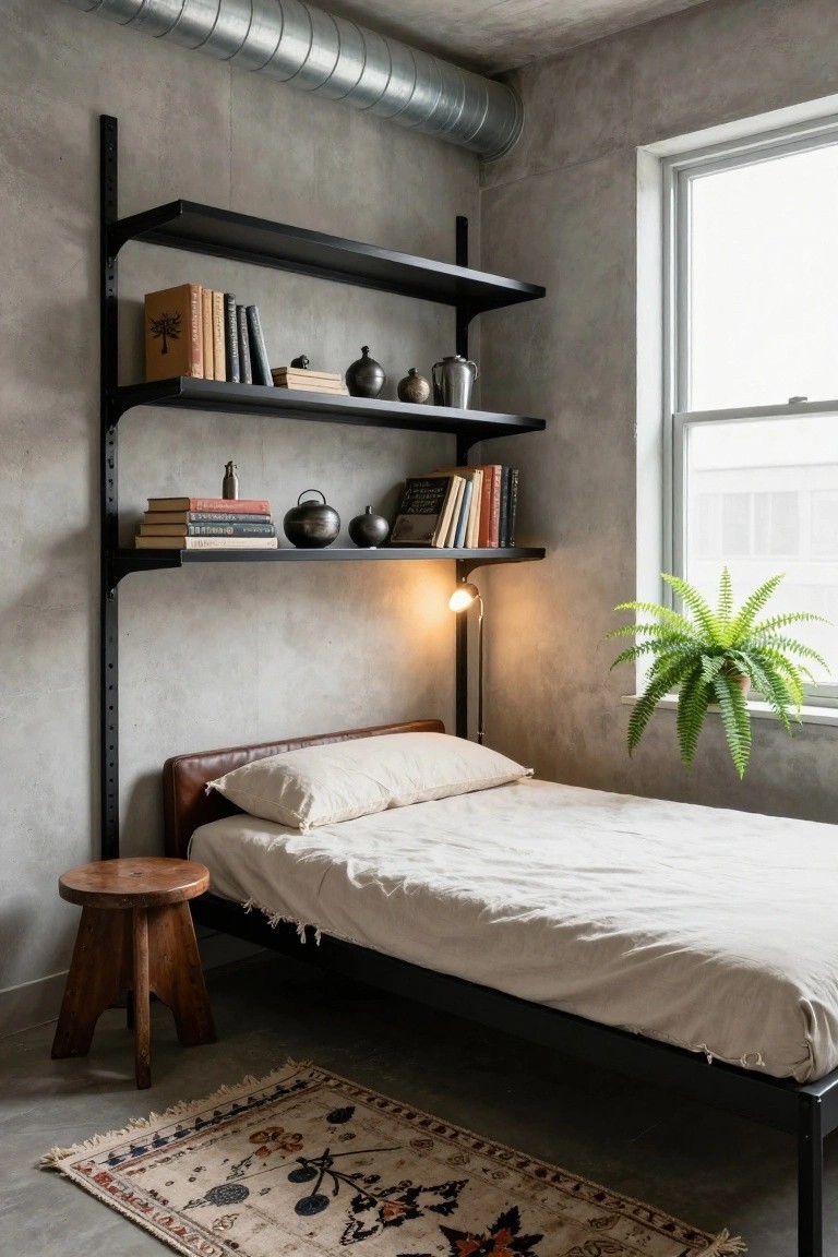 Bedroom corner featuring tall black metal wall-mounted shelves stocked with books, ceramics, and teapots, adjacent to a low black bed frame with beige linens, a wooden stool, a potted fern by the window, a wall lamp, and a patterned rug on a concrete floor.