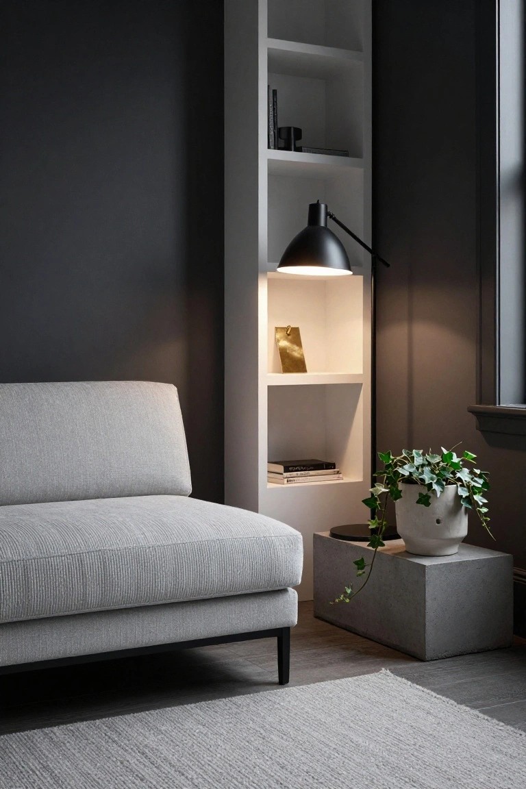Tall white open bookshelf unit against a dark wall beside a window, with a gray fabric sofa, black adjustable lamp, ivy plant in white pot on concrete pedestal, books and objects on shelves, and light gray rug on wood floor.