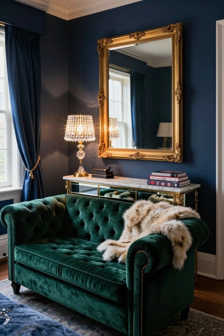 Tufted emerald green velvet sofa with white fur throw in navy-walled room next to gold console table, crystal lamp, and large ornate gold mirror.