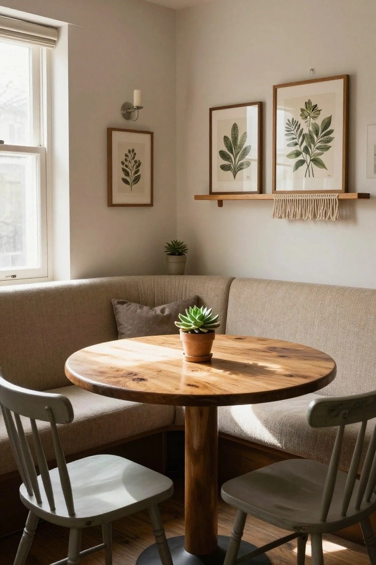 Beige corner booth seating with a round wooden table centered on it, two gray wooden chairs, potted succulents on the table and bench, botanical prints on walls, and a window nearby in a light-colored room.