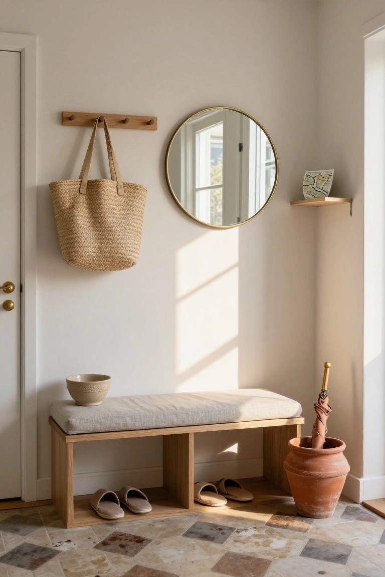Light beige entryway corner with wooden bench featuring beige cushion and shoe cubbies, straw bag on wooden hooks, gold round mirror, small shelf with vase, beige bowl on floor, umbrella in terracotta pot, and patterned tile floor.